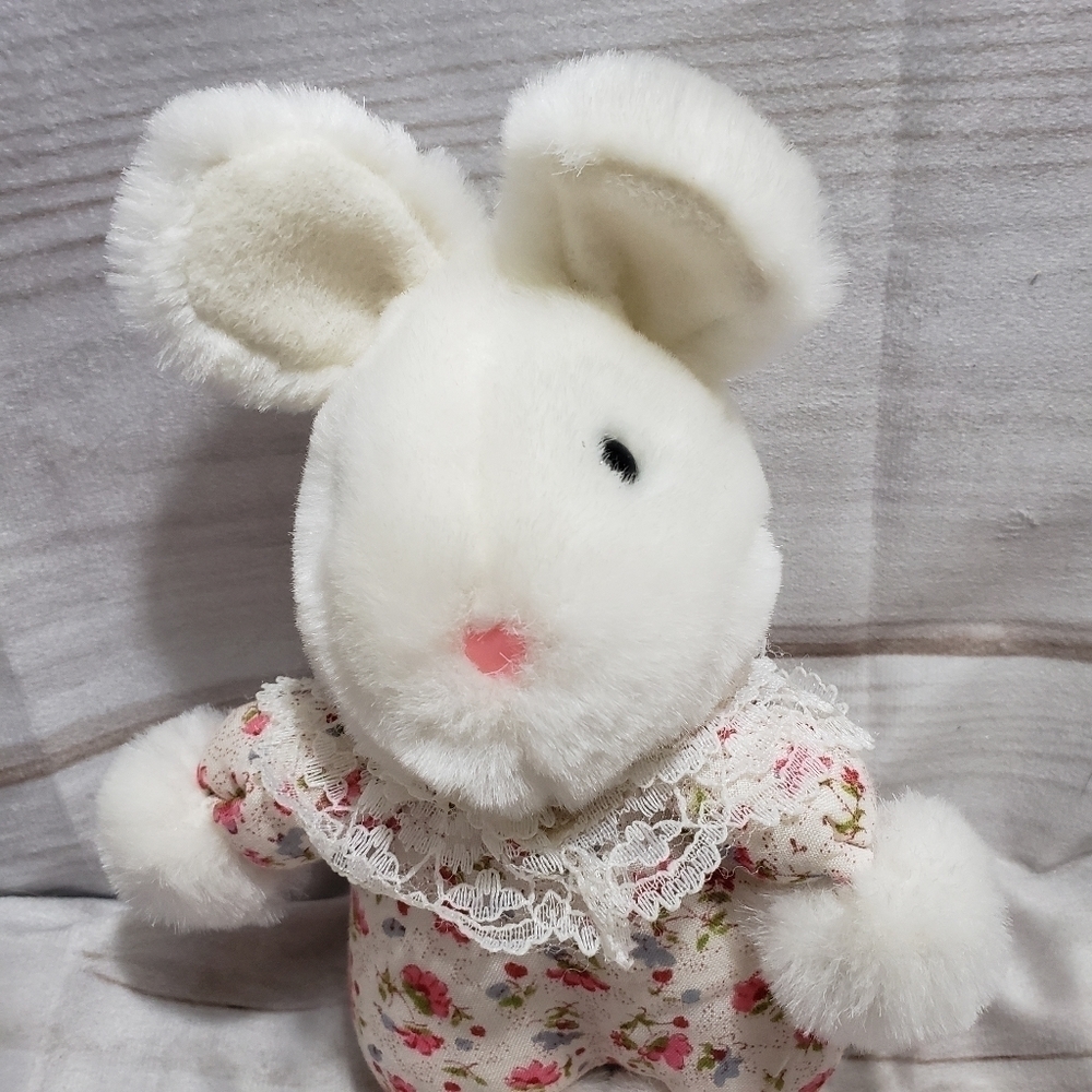 Vintage Good Stuff Victorian White Bunny Rabbit Plush 6.5" Stuffed Animal Floral